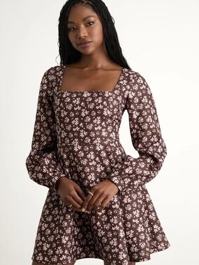 Lulus Brown Floral Square-Neck Long-Sleeve Mini Dress New With Tags